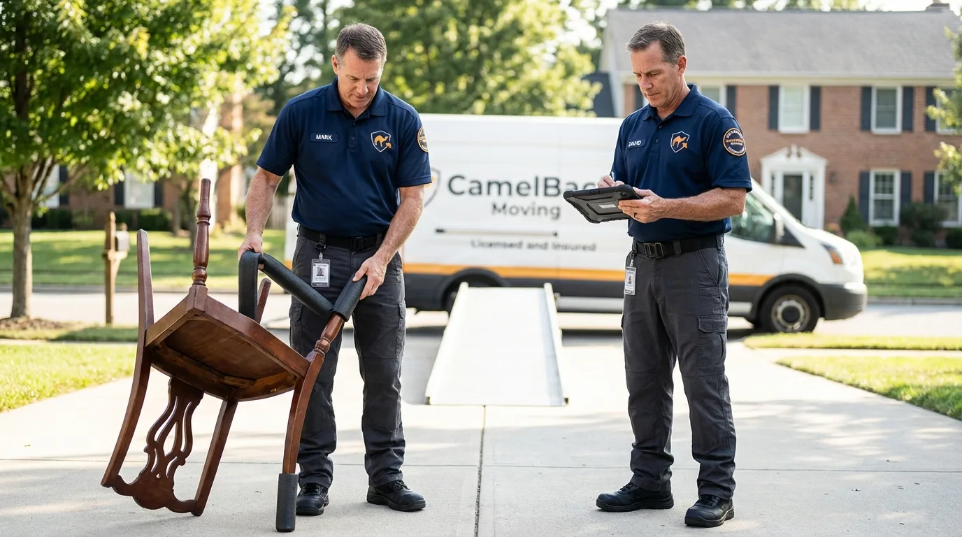 Movers inspecting furniture for damage prevention before loading in Dade City, FL
