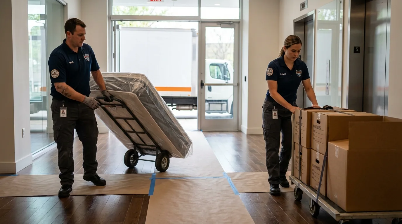 Professional apartment movers loading elevator in Dade City, FL