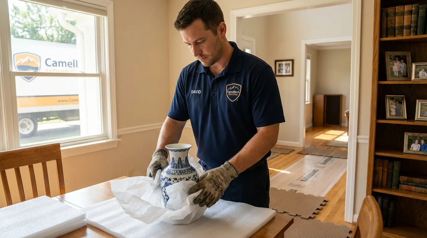 Professional crew carefully wrapping antique vase for senior downsizing move in Dade City, FL